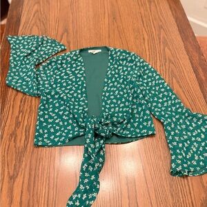 Urban Outfitters Teal Green Floral Tie-Front Blouse